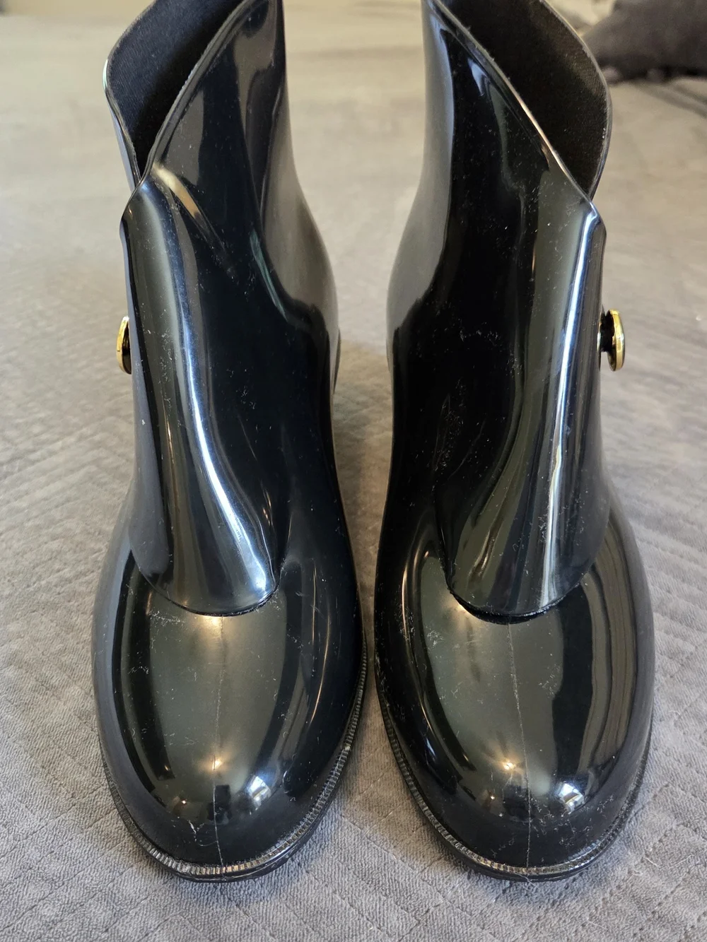 Black Patent Wedge Shoe Covers with Gold-Tone Buttons